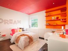 Colorful Modern Kid's Room With Red Ceiling and Shelves