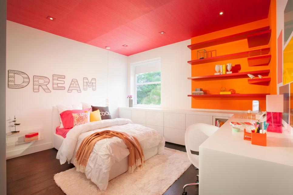 Colorful Modern Kid's Room With Red Ceiling and Shelves