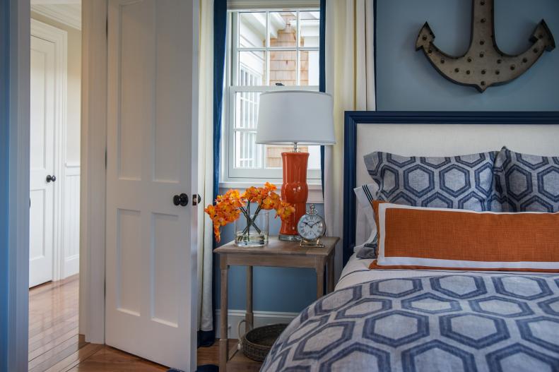 Orange accents complement coastal blues in HGTV Dream Home 2015. 