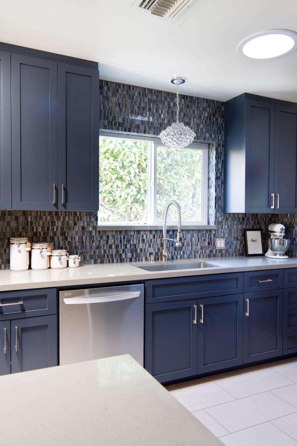 Blue Midcentury Modern Kitchen with Pental Quartz Backsplash HGTV