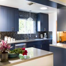 Small Blue and White Midcentury Modern Kitchen