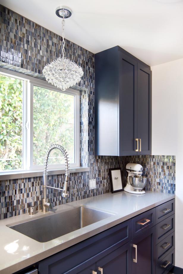 Blue and White MidCentury Kitchen with Glass Tile Backsplash HGTV