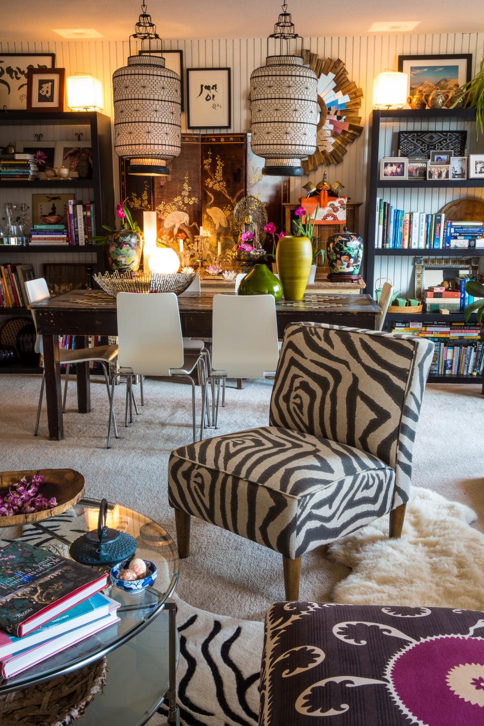 Global Living & Dining Room With Funky Zebra Chair | HGTV