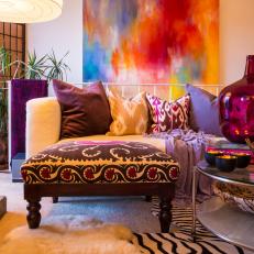 Eclectic Living Room With Purple Suzani Print Ottoman