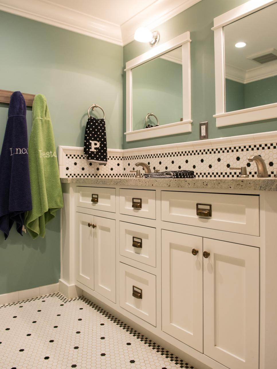 Teal Blue Kid's Bathroom With White Vanity and Tile Floor | HGTV