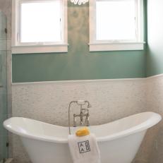 Traditional Freestanding Bathtub in Teal Bathroom