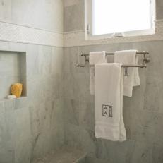 Luxurious Marble Shower With Niche and Built-In Seat
