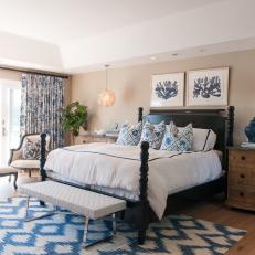 Cozy Master Bedroom With Graphic Blue Accents