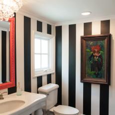 Black and White Striped Powder Room With Colorful Accents