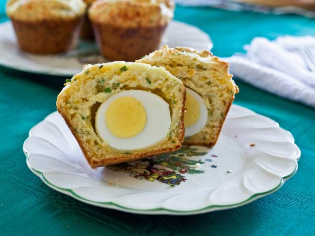Cheddar chive muffins, filled with a hardboiled egg, make a great breakfast option for overnight holiday guests.