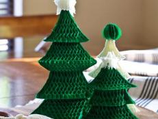 Christmas tree-shaped honeycomb paper is an easy, budget-friendly holiday centerpiece idea.