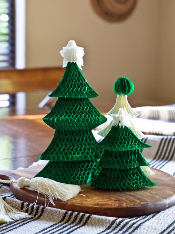 Christmas tree-shaped honeycomb paper is an easy, budget-friendly holiday centerpiece idea.