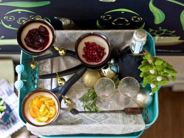 Set up a winter-inspired bar cart with a bellini station for overnight holiday guests.