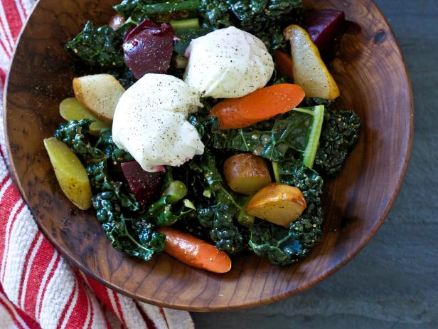 Add vegetables and egg to kale to make a delicious brunch salad for holiday guests.