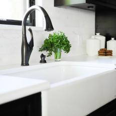 Bright White Farmhouse Sink in Neutral Transitional Kitchen