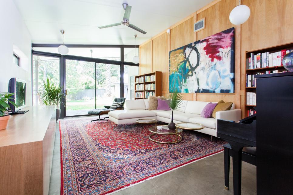 Colorful, Midcentury-Modern Family Room Sarah Stacey Interior Design HGTV