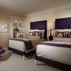 Transitional Beige Bedroom With Royal Purple Headboards