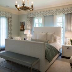 Transitional Gray Master Bedroom With Tall, White Bed