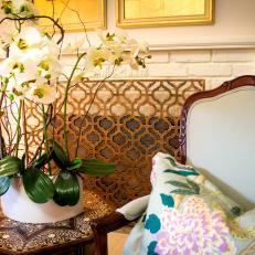 Fireside Sitting Area With Beautiful White Orchids