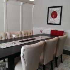 Transitional Neutral Dining Room With Red Accent Chair