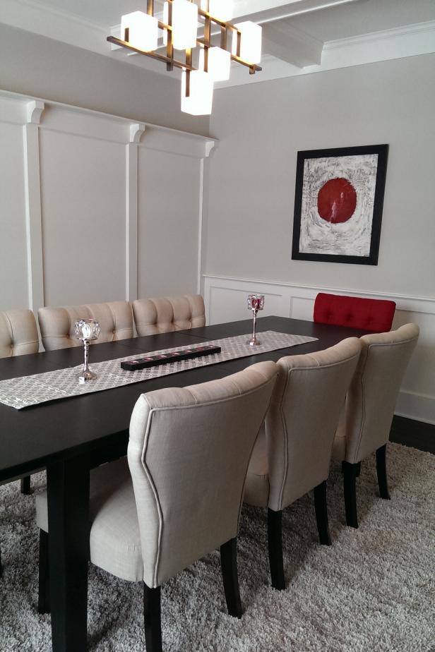 Photo Page Transitional Light Gray Dining Room With Red Art And Accent Chair