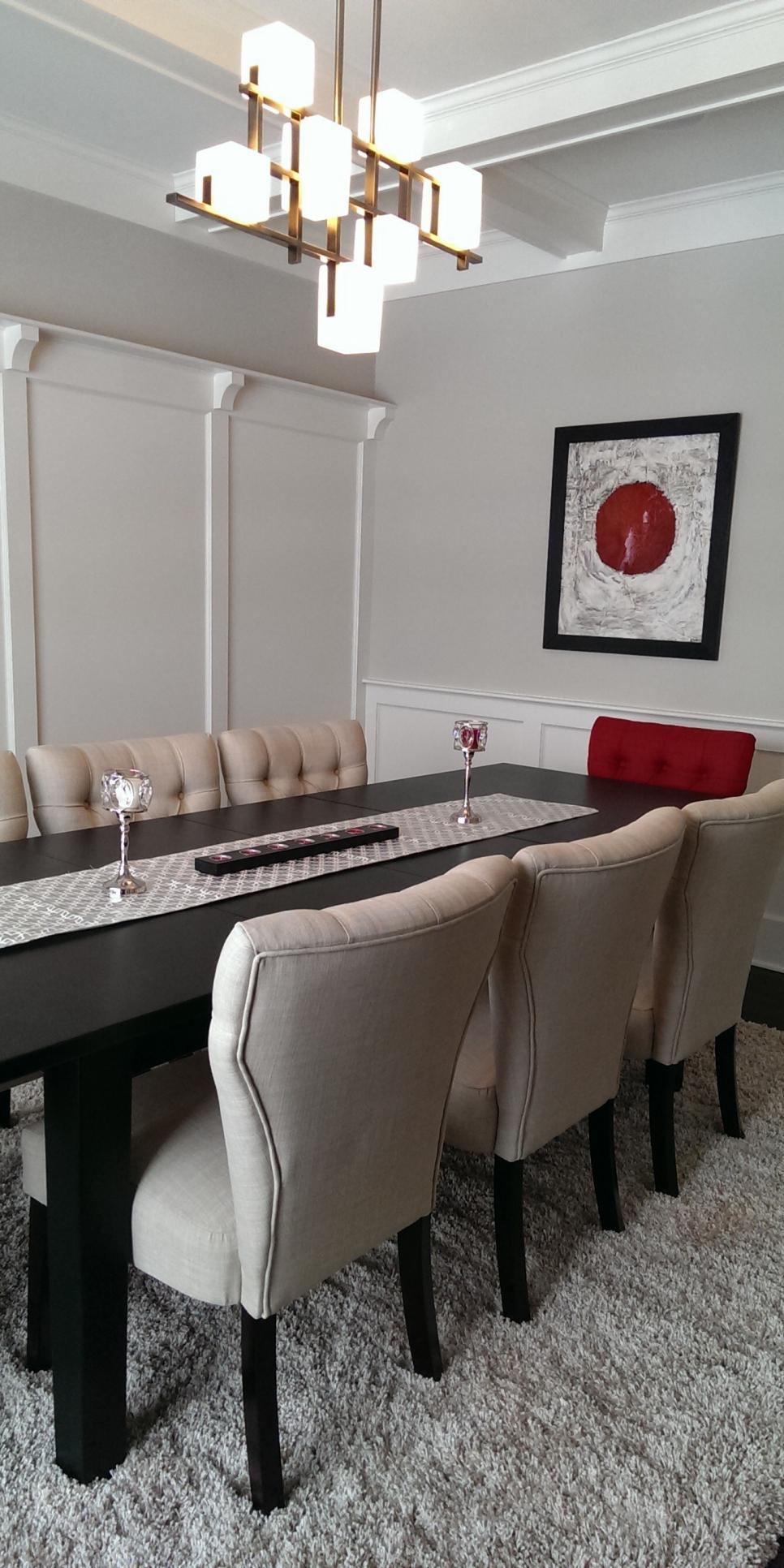 Transitional Neutral Dining Room With Red Accent Chair HGTV