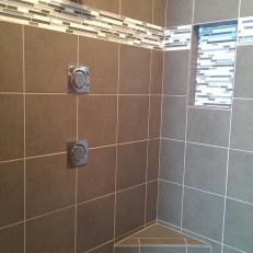 Contemporary Taupe Tile Shower With Horizontal Mosaic Accent Tile