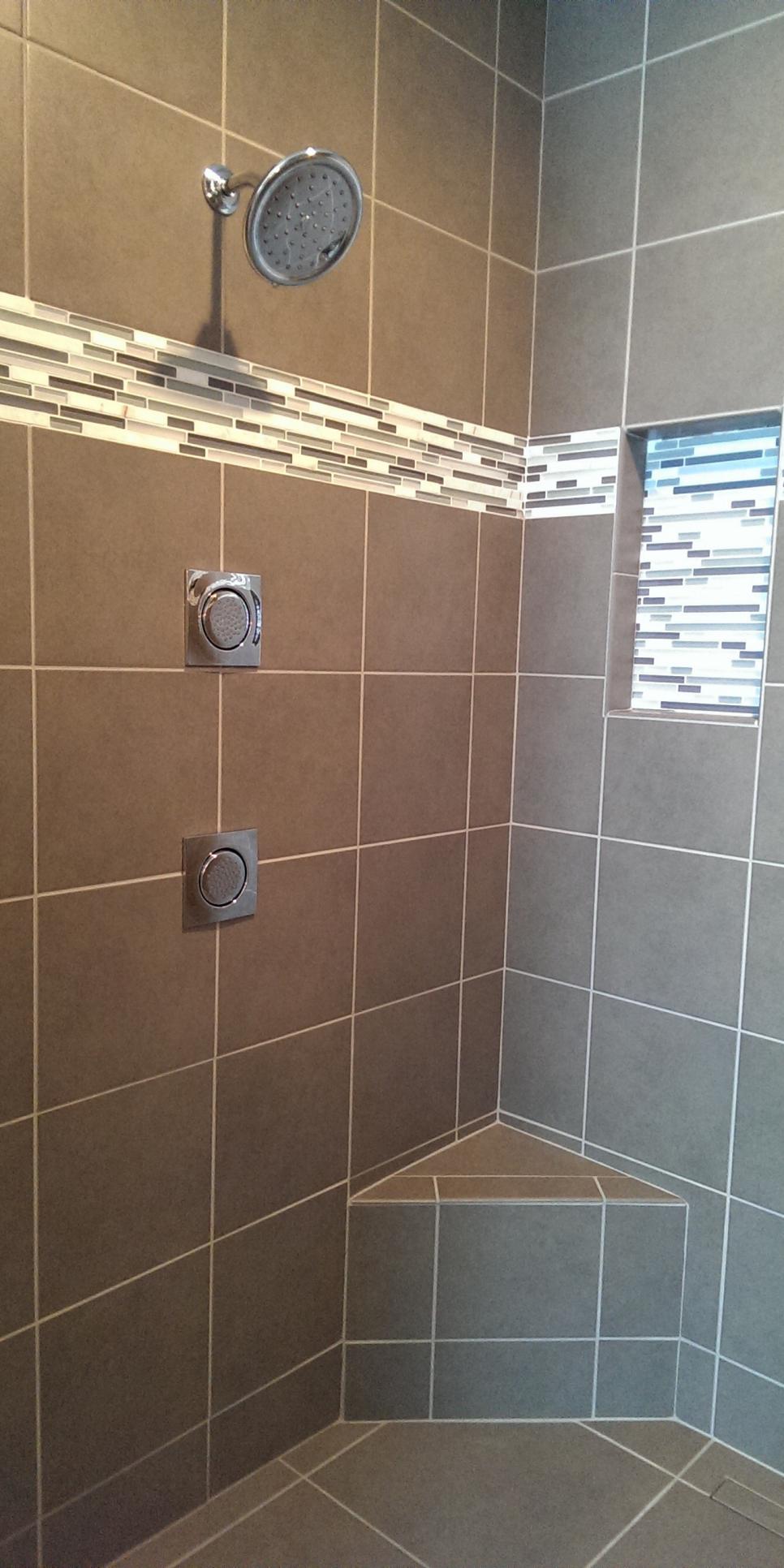 Contemporary Taupe Tile Shower With Horizontal Mosaic Accent Tile | HGTV