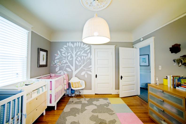 Modern Gray Nursery For Two With Tree Wall Decal