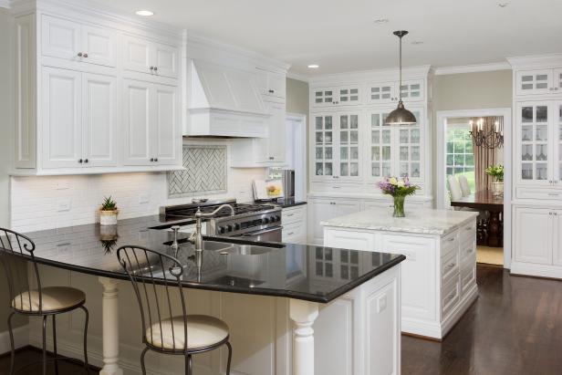 Transitional White Kitchen With Black Countertops Hgtv