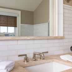 Transitional White Tile Bathroom with Inset Mirror