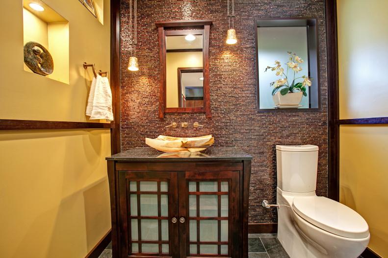 Small Neutral Bathroom With Metallic Tile Accent Wall