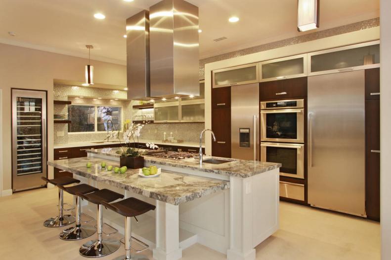 Neutral Contemporary Kitchen With White Island and Brown Cabinets