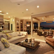 Open and Stylish Living Room With White Leather Sectional