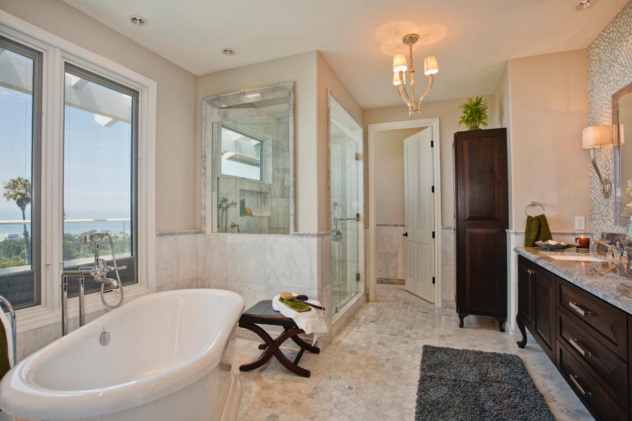 Master Bathroom With Free-Standing Tub and Walk-In Shower ...