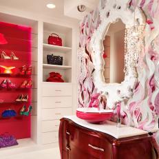 Eclectic White Bathroom Boasts Pink Patterned Vanity Wall