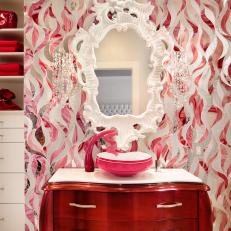Funky Bathroom With Pink & White Patterned Vanity Wall
