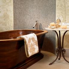 Contemporary Bathroom with Wooden Soaking Tub and Tile Walls