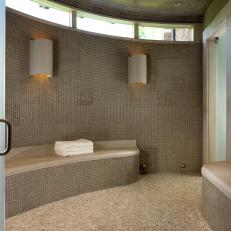 Sleek Poolhouse Dressing Room With Brown Mosaic Tile Wall