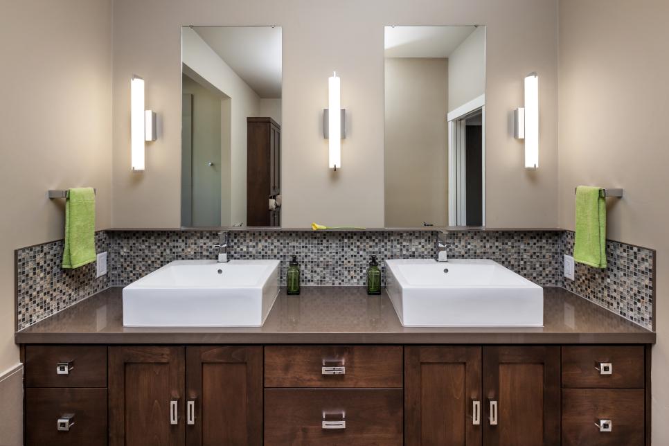 Spa Like Master Bath With Stone And Glass Mosaic Tile Backsplash - Bathroom Sink Backsplash Tiles