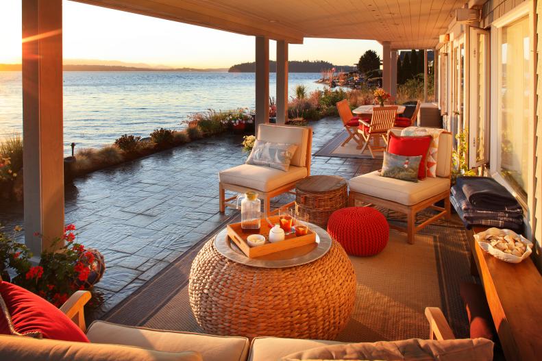 Covered Patio With Woven Ottoman, Waterfront View