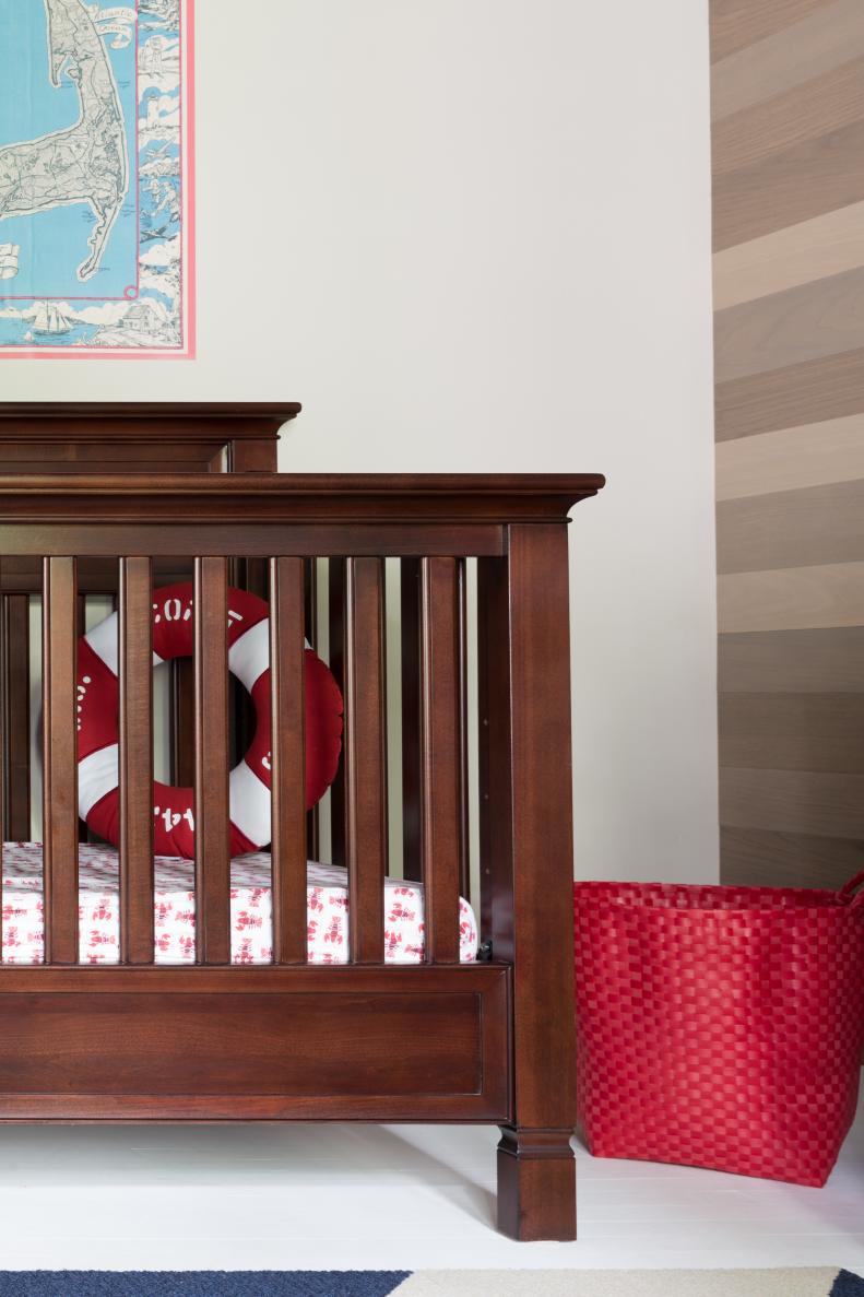 Wood Crib With Lobster Fitter Sheet, Red Basket