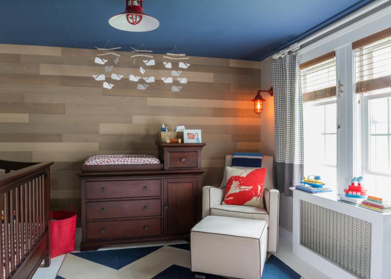 Neutral Nursery With Dark Wood Changing Table, Wood Accent Wall