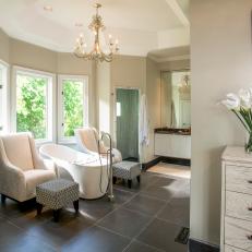 Slate Tile Flooring in Spa Bathroom With Chandelier