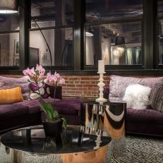 Purple Sectional, Zebra Print Rug and Mirrored Coffee Table