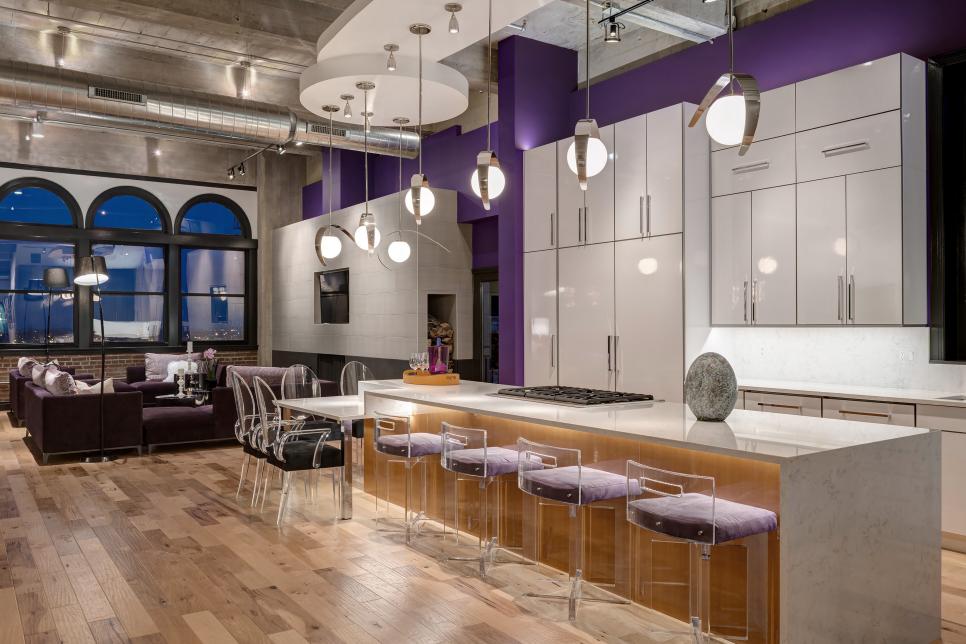 Purple Open Kitchen With Oversized Island & Modern Barstools