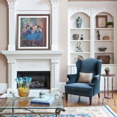 Dramatic Fireplace Mantel in Neutral Traditional Living Room