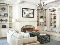 Transitional Living Room With Facing Sofas & Built-Ins Bookshelves