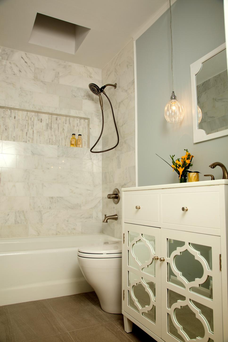 Soft Blue Bathroom Features Gorgeous Marble Shower | HGTV