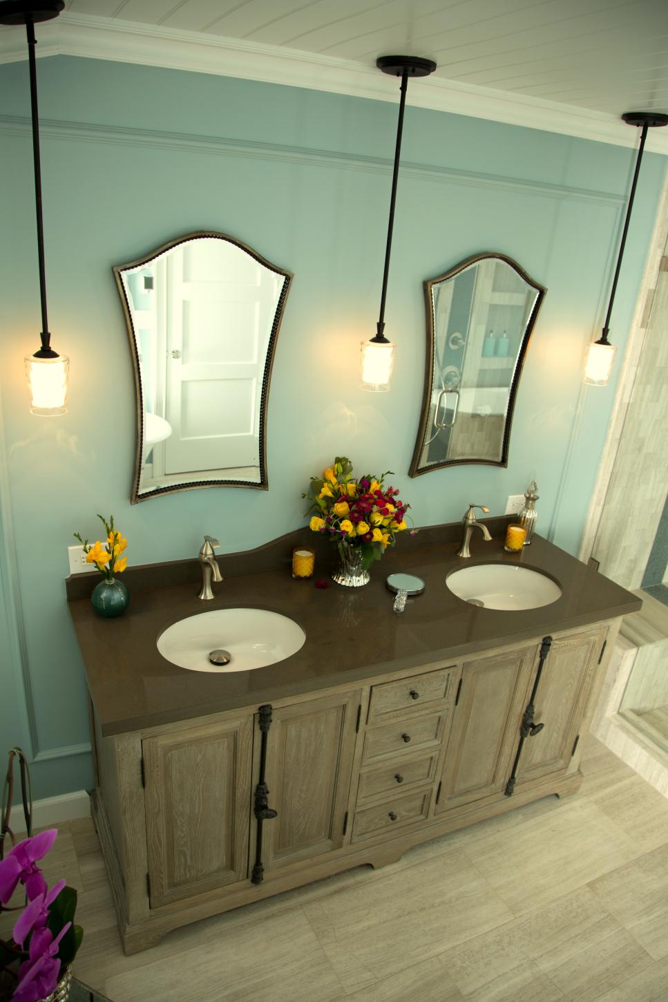 Weathered FurnitureStyle Vanity in Soft Blue Bathroom HGTV
